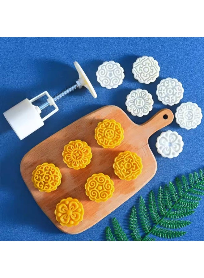 Mooncake Press Mold Set with 6 Flower Pattern Stamps – DIY Cookie, Pastry & Dessert Cutter – Food-Grade Plastic Hand Press Tool - Image 1